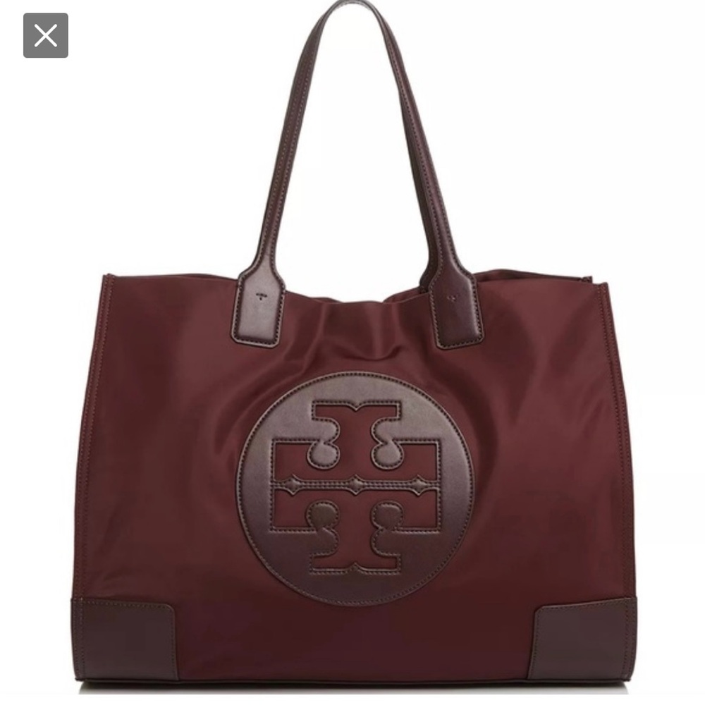$99 Tory Burch Ella Mini maroon/burgandy Nylon Logo Padded Tote
